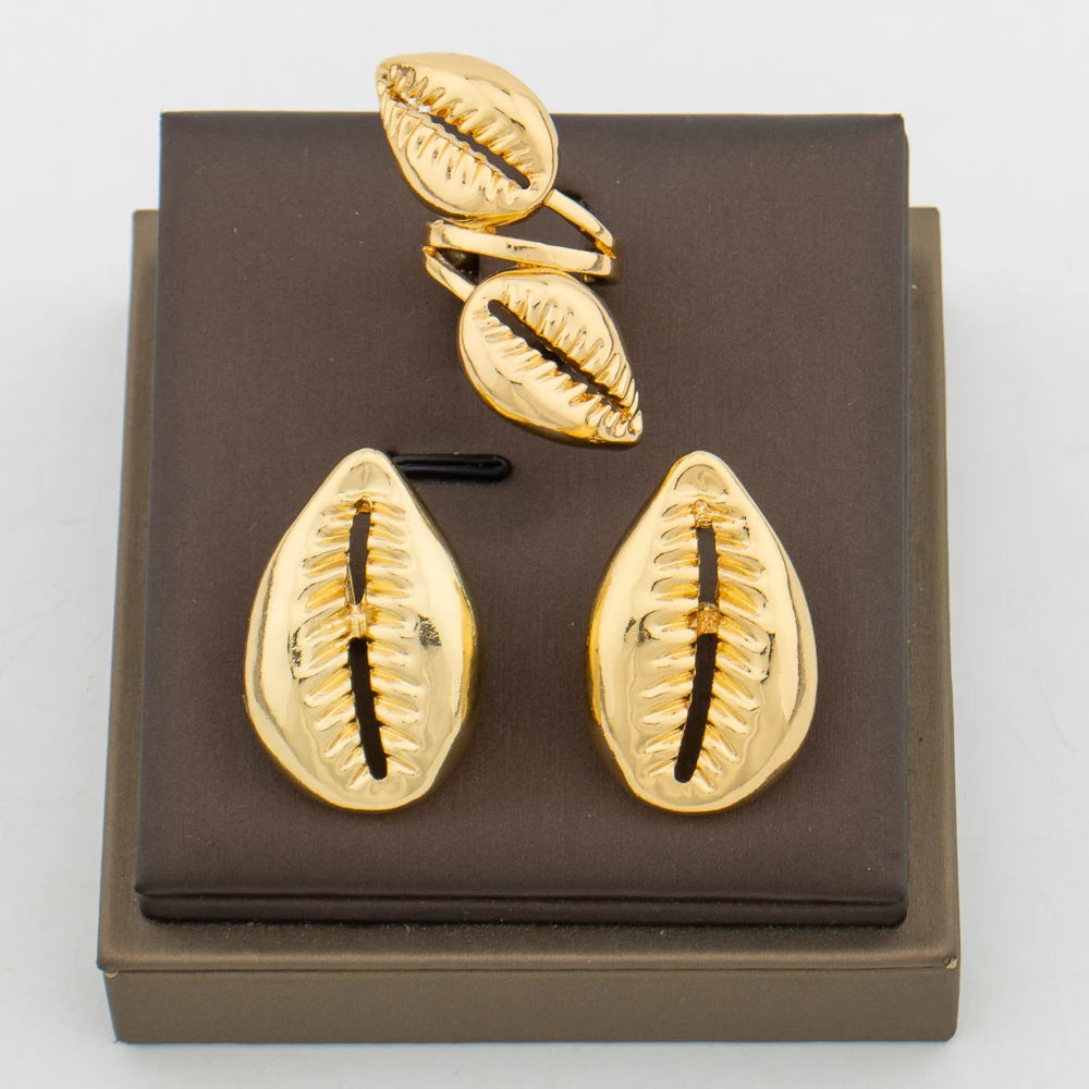 Golden Akan Cowrie Set — Sculpted Shell Earrings & Ring