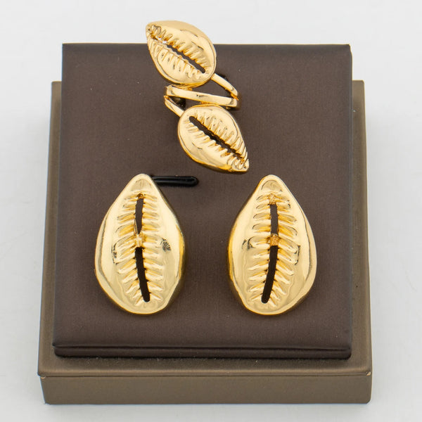Golden Akan Cowrie Set — Sculpted Shell Earrings & Ring