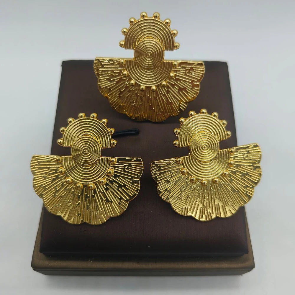 Nana Gold Ribbed Disc Earring & Ring Set