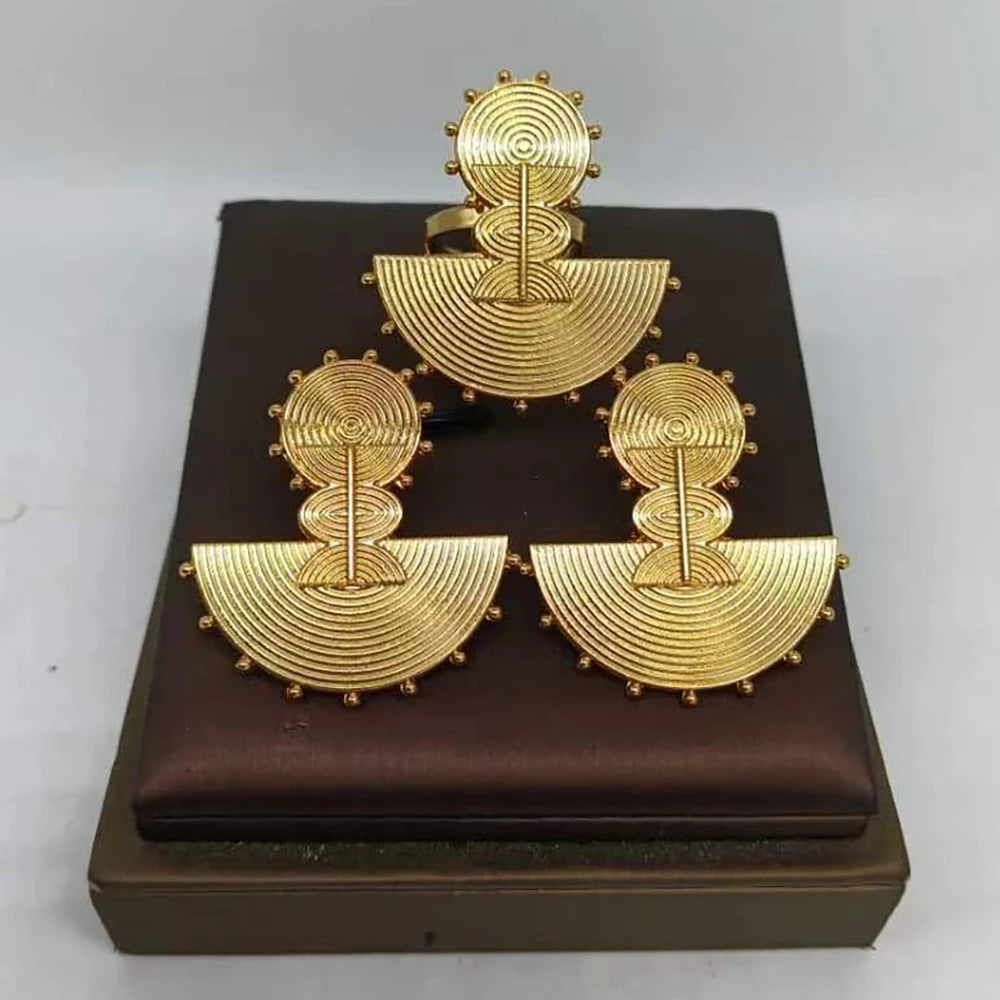 Nana Gold Ribbed Disc Earring & Ring Set